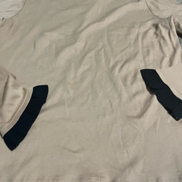 Ann Taylor Beige Top with Black Ruffle Neckline- timeless classic - Picture 2 of 5